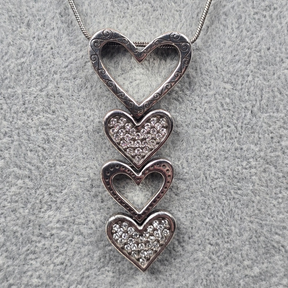 Brighton Silver-Tone "Fall In Love" Graduated Heart Crystal Pendant Necklace 17"